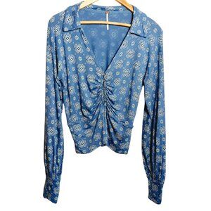 Free People, Medium Blue Top, Boho Chic, Retro Styled, Deep V Neck, Long Sleeve
